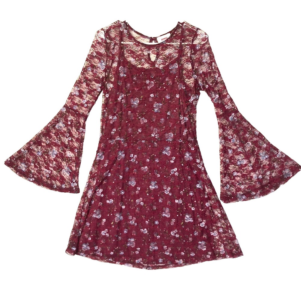 Vtg Bongo Burgundy Mesh Lace Overlay Charmed Slip Flare Sleeve Dress Women L Y2k